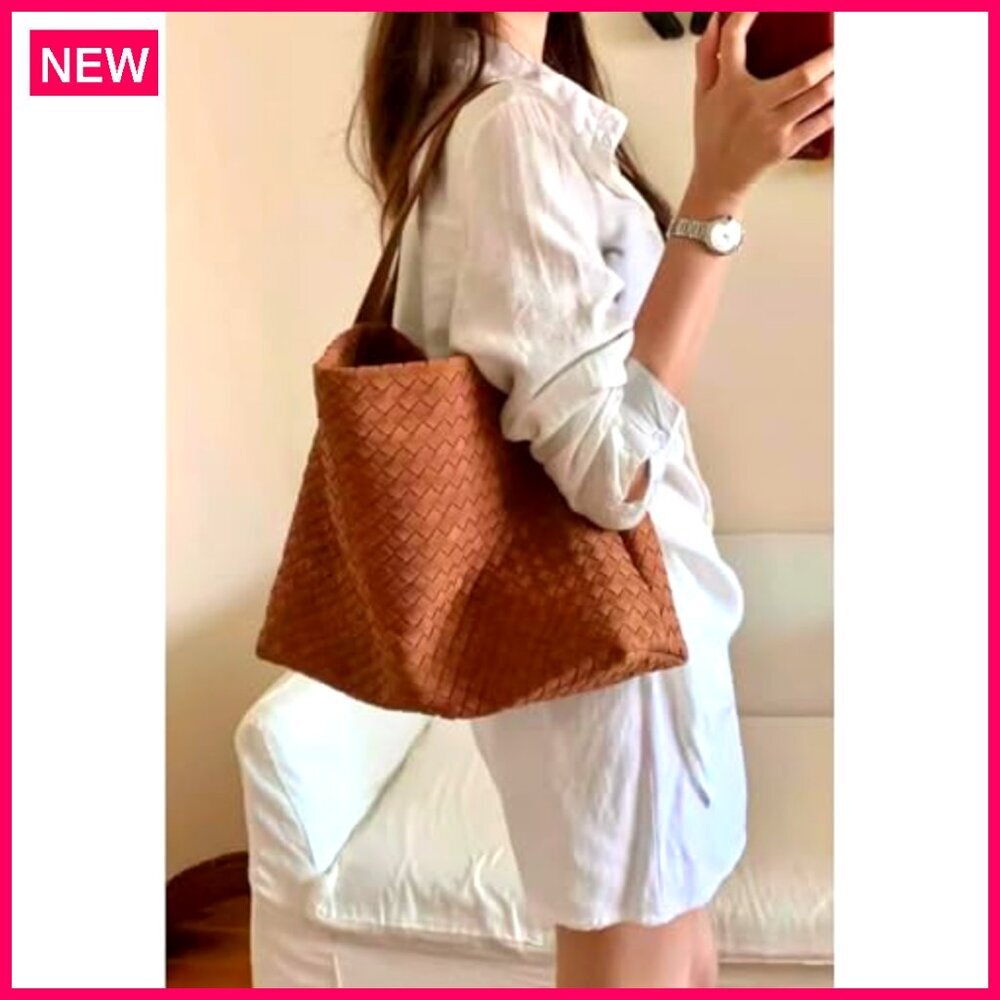 Braided Leather Tote Bag with Woven Suede Details, Shoulder Bag - Picture 3 of 8